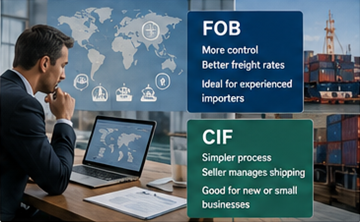 Importer comparing FOB and CIF shipping options for international cargo transport