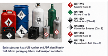 Examples of ADR dangerous goods including fuel chemicals batteries and gas cylinders
