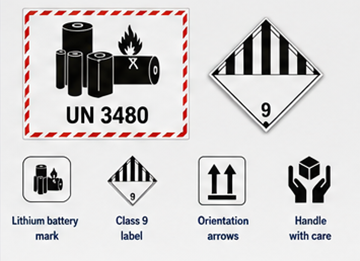 Lithium battery warning labels and ADR Class 9 dangerous goods markings