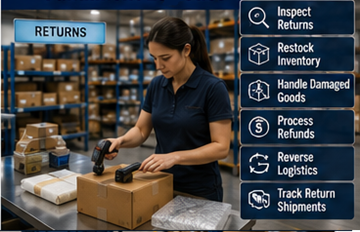 Warehouse processing returned products in fulfillment logistics center