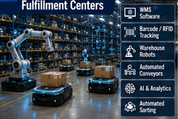 Automated fulfillment center using robotics warehouse software and AI logistics systems
