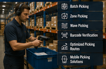 Warehouse employee using WMS software for order picking and fulfillment operations